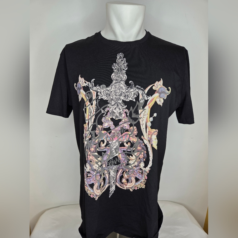 NWT Just Cavalli Size XL Black Artistic Graphic Designer Tee (Better Fit L)